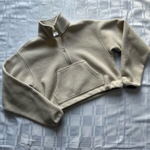 TNA (Aritzia) Beige Quarter-Zip Cropped Fleece Pullover Sweater